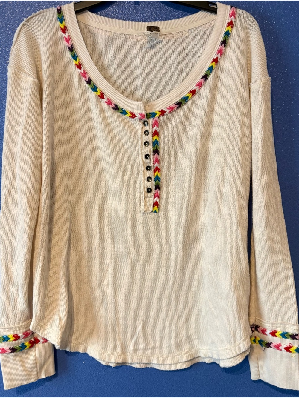 We The Free Cream Long-Sleeve Waffle Knit Top with Multicolor Braid Trim